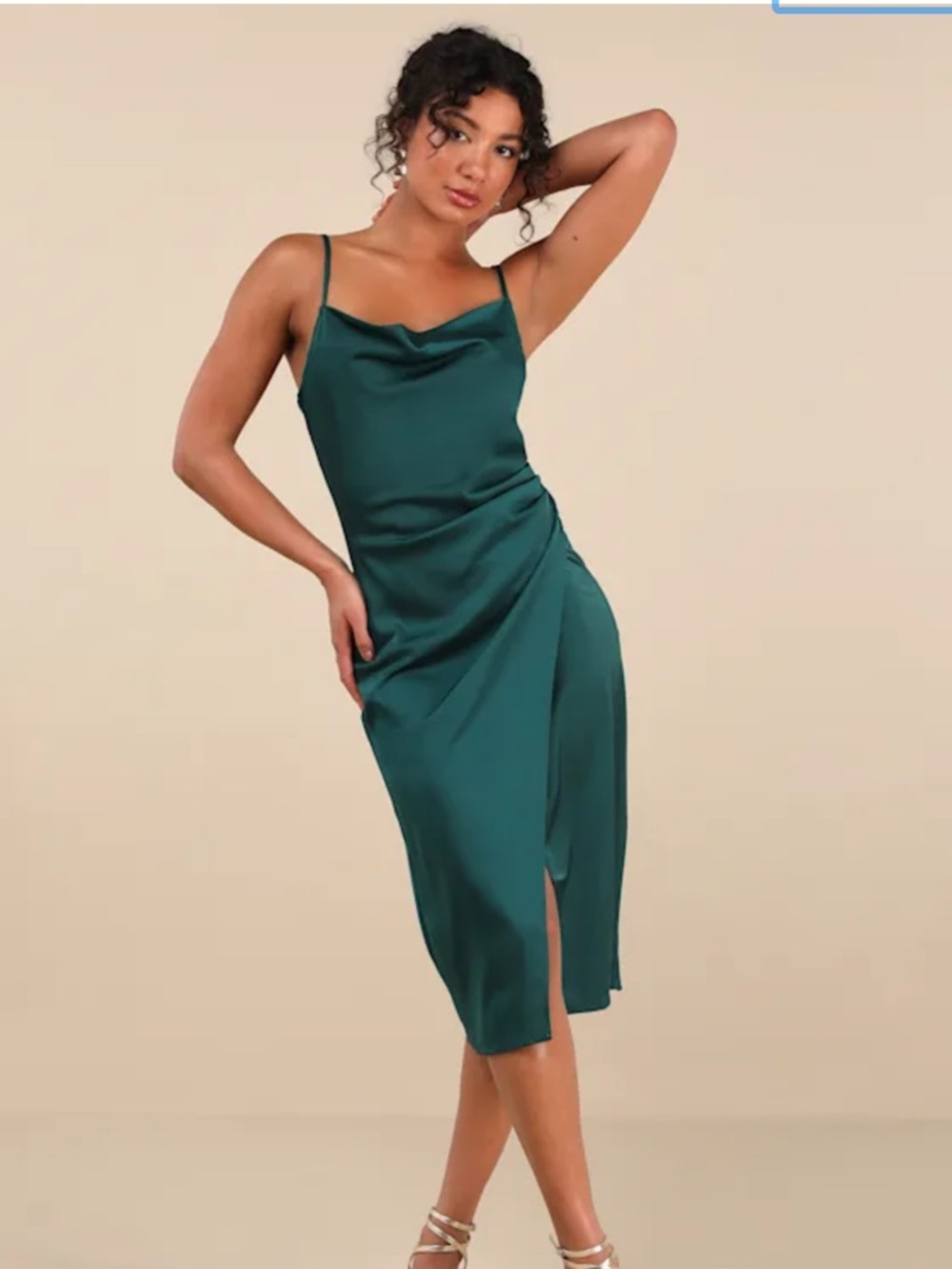 Lulu's Forest Green Satin Cowl Midi Dress